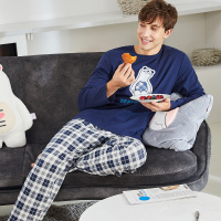 雪仙丽新款情侣男士睡衣秋冬百搭休闲格子男士睡衣家居服套装