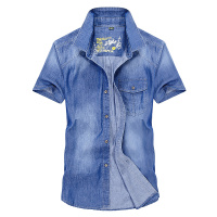 吉普盾2019男装夏新款牛仔短袖衬衫男休闲大码上衣夏季宽松牛仔衬衣