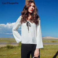 拉夏贝尔春季新装显瘦时尚潮流雪纺娃娃衫淑女喇叭长袖V领白色衬衫女10013680