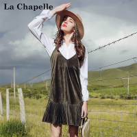 拉夏贝尔春季女装新款小心机性感露肩丝绒吊带连衣裙子女百褶短裙10013994