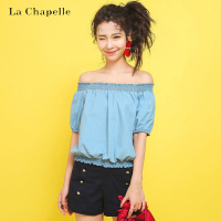 7M莫丽菲尔夏季女装新款一字肩上衣女显瘦衬衫牛仔衣短袖T恤小衫