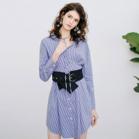 拉夏贝尔La Babite夏装连衣裙新款时尚休闲高腰中长款腰封式长袖衬衣连衣裙女60300287