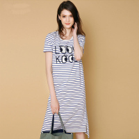 拉夏贝尔La Babite夏装连衣裙女新款可爱字母印花条纹圆领直筒时尚休闲中长裙60005629