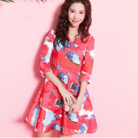 【福利款】拉夏贝尔La Babite2019夏季新款连衣裙女小V领花色玫红印花七分袖高腰A字60004912