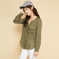 拉夏贝尔夏季新款衬衫新款显瘦绿色薄款打底纯色时尚休闲百搭圆领单排扣女60005348