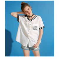 拉夏贝尔夏款新款上衣女装Puella休闲显瘦V领海军风字母短袖衬衫女20009925