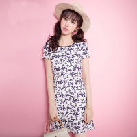 拉夏贝尔夏季新款Candie's甜美印花露背镂空短袖短款连衣裙女30062372