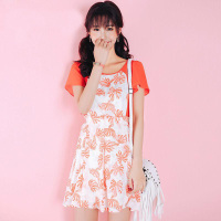 拉夏贝尔夏季新款Candie's淑女蝴蝶结印花短裙收腰雪纺连衣裙女30062323