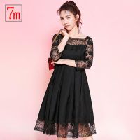 拉夏贝尔7Modifier黑色小礼服女款性感秋装新款气质镂空百褶A字蕾丝连衣裙70008729