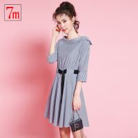 拉夏贝尔夏季新款连衣裙女款7Modifier韩版连衣裙收腰显瘦修身条纹A字娃娃领连衣裙女70008639