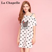 拉夏贝尔Puella夏季新韩版运动休闲显瘦露肩波点绣花短袖连衣裙女20010432