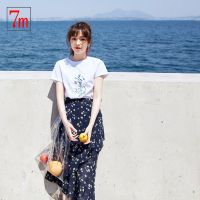 拉夏贝尔7M雪纺半身裙夏季女装新款潮不规则高腰蛋糕裙a字碎花百褶裙子72000589