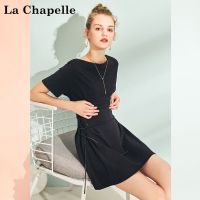 拉夏贝尔Puella夏季新七分袖复古圆领气质收腰显瘦系带连衣裙女20011981