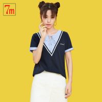 7M莫丽菲尔夏季女装新款韩版条纹海军风系带修身圆领短袖T恤上衣70008940