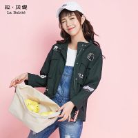 拉贝缇春季新款休闲风衣女外套女墨绿个性贴标印花时尚休闲街头风60005329