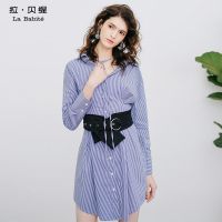 拉贝缇夏装连衣裙新款时尚休闲高腰中长款腰封式长袖衬衣连衣裙夏60300287