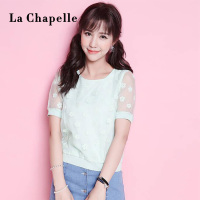 拉夏贝尔Candie’s夏季新款时尚欧根纱剪花圆领短袖百搭蕾丝内搭女30062225