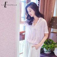 【福利款】拉夏贝尔夏季新款气质淑女条纹百搭优雅短款中袖V领衬衫女韩范10009846