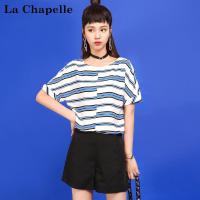 拉夏贝尔Candie’s夏季新款韩版显瘦条纹开叉镂空套头雪纺衬衫女30072308