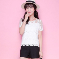 【福利款】拉夏贝尔正品夏新甜美百搭基础圆领纯色蕾丝提花短袖恤女30062161