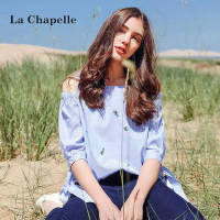 拉夏贝尔春装新显瘦细条纹露肩上衣中袖刺绣小清新衬衫女10013682