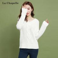 拉夏贝尔秋季新款韩版宽松显瘦打底纯色V领长袖针织衫女1T000302