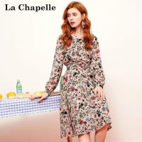 拉夏贝尔Puella秋季新款小碎花法式复古收腰v领长袖连衣裙智熏裙20011676