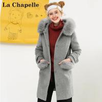 拉夏贝尔Puella秋冬新韩版中长款狐狸毛领连帽呢子大衣女20011369