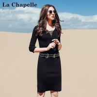 拉夏贝尔秋冬装新款端庄大气中裙显瘦V领气质淑女连衣裙女10014293