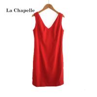 【福利款】拉夏贝尔连衣裙秋季女装淑女气质显瘦纯色拉链v领无袖礼服短裙女10012183