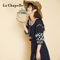 拉夏贝尔La Babite连衣裙女学生韩版宽松秋冬夏款民族风印花灯笼袖圆领系带五分袖裙子短裙女60005230