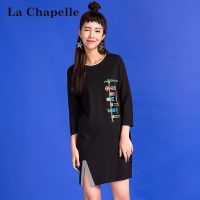 拉夏贝尔Candie’s春季新款显瘦绣花圆领九分袖连衣裙女30071047