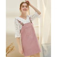 拉夏贝尔灯芯绒女韩版宽松女人味气质温柔风短裙背带连衣裙20012496