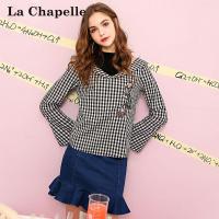 拉夏贝尔Puella秋季新款时尚韩版学生宽松显瘦格子喇叭袖衬衫女20011642