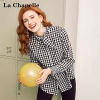 拉夏贝尔秋季新款韩版宽松显瘦黑白格子蝴蝶结长袖衬衣女20011643