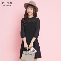拉贝缇连衣裙新款七分袖显瘦下摆透视时尚休闲性感黑色收腰女60005245