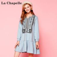 拉夏贝尔Puella秋装显瘦复古长袖民族风中长款连衣裙女2T011206