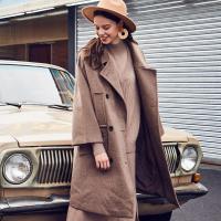 新款拉夏贝尔毛呢女中长款韩版双排扣大口袋单面呢大衣潮外套2T000580