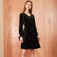 新款拉夏贝尔旗下Candies冬新款韩版高腰百褶圆点a字连衣裙女30084221