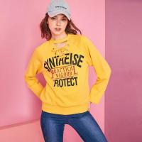 新款拉夏贝尔装新款女长袖韩版宽松百搭V领套头薄款印花短款卫衣女2T000114