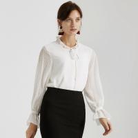 新款拉夏贝尔冬季新款衬衫女士包袖荷叶领雪纺衫喇叭袖打底衫衬衣10019258