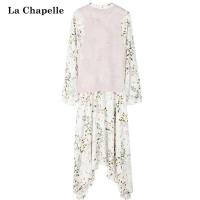 上新拉夏贝尔针织衫背心套装长袖印花雪纺中长连衣裙两件套10019072