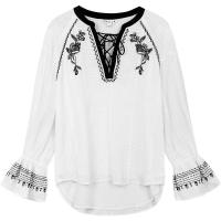 【热卖】衬衫女设计感小众2019春装新款刺绣韩版宽松喇叭袖白色衬衣外套女20011640