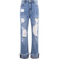 【热卖】破洞牛仔裤女宽松乞丐2018春装新款韩国学生bf直筒翻边长裤子时尚20011721