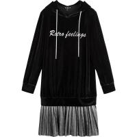 Puella韩版宽松学生长袖假两件丝绒面料百褶连衣裙长袖绒连帽卫衣裙卫衣20011282