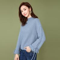 拉夏贝尔秋冬气质OL风圆领套头百搭针织衫喇叭袖清新甜美女毛衣10014709