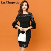 拉夏贝尔candie’s早秋新韩版优雅微喇袖修身显瘦连衣裙女30074345