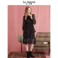 La Babite秋冬长袖雪纺连衣裙中长款流行黑色碎花裙子夏气质60007121