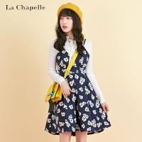 拉夏贝尔7m新款韩版吊带v领印花百褶裙连衣裙女70009306