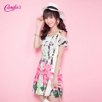 【福利款】拉夏贝尔Candie's夏新款 森女花朵印花半露肩短裙收腰连衣裙30062440